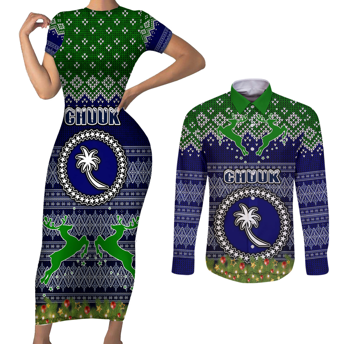 Personalised Chuuk State Christmas Couples Matching Short Sleeve Bodycon Dress and Long Sleeve Button Shirts Coat of Arms Beautiful Merry Xmas Snowflake LT03 Blue - Polynesian Pride