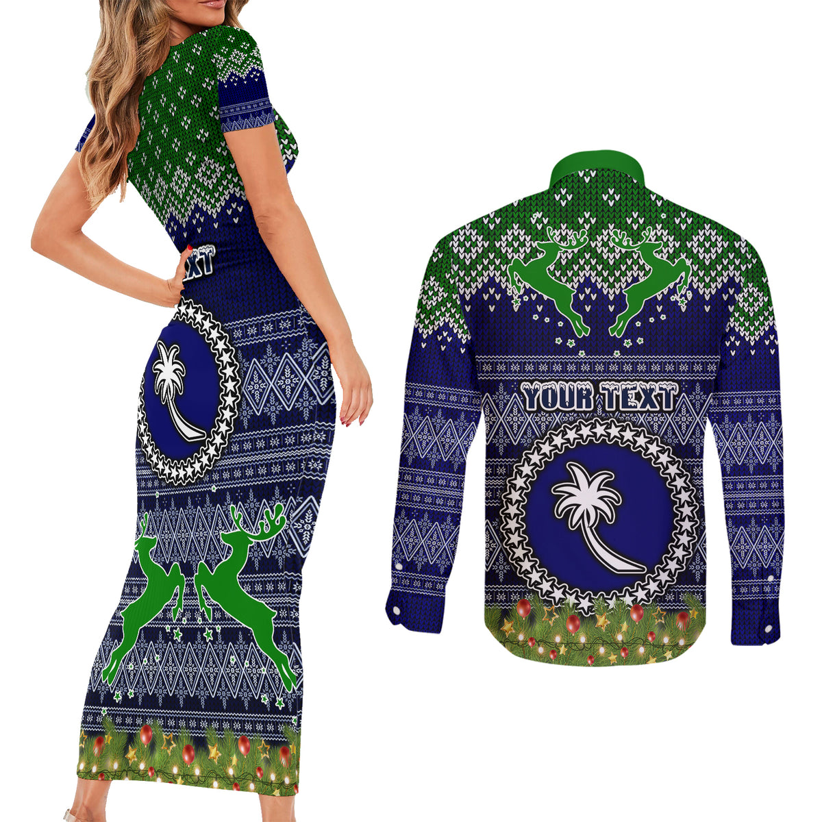 Personalised Chuuk State Christmas Couples Matching Short Sleeve Bodycon Dress and Long Sleeve Button Shirts Coat of Arms Beautiful Merry Xmas Snowflake LT03 - Polynesian Pride