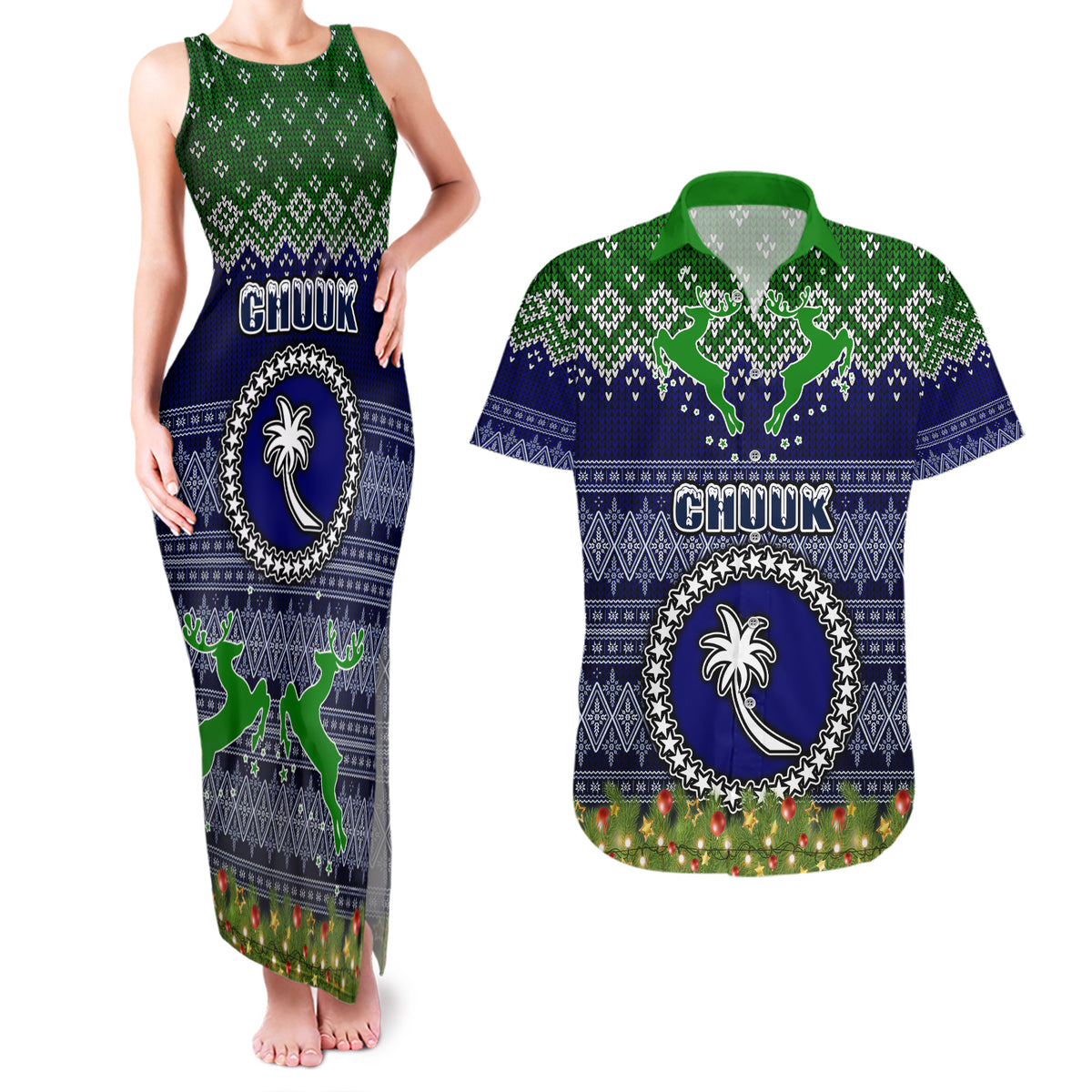 Personalised Chuuk State Christmas Couples Matching Tank Maxi Dress and Hawaiian Shirt Coat of Arms Beautiful Merry Xmas Snowflake LT03 Blue - Polynesian Pride