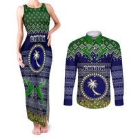 Personalised Chuuk State Christmas Couples Matching Tank Maxi Dress and Long Sleeve Button Shirts Coat of Arms Beautiful Merry Xmas Snowflake LT03 Blue - Polynesian Pride