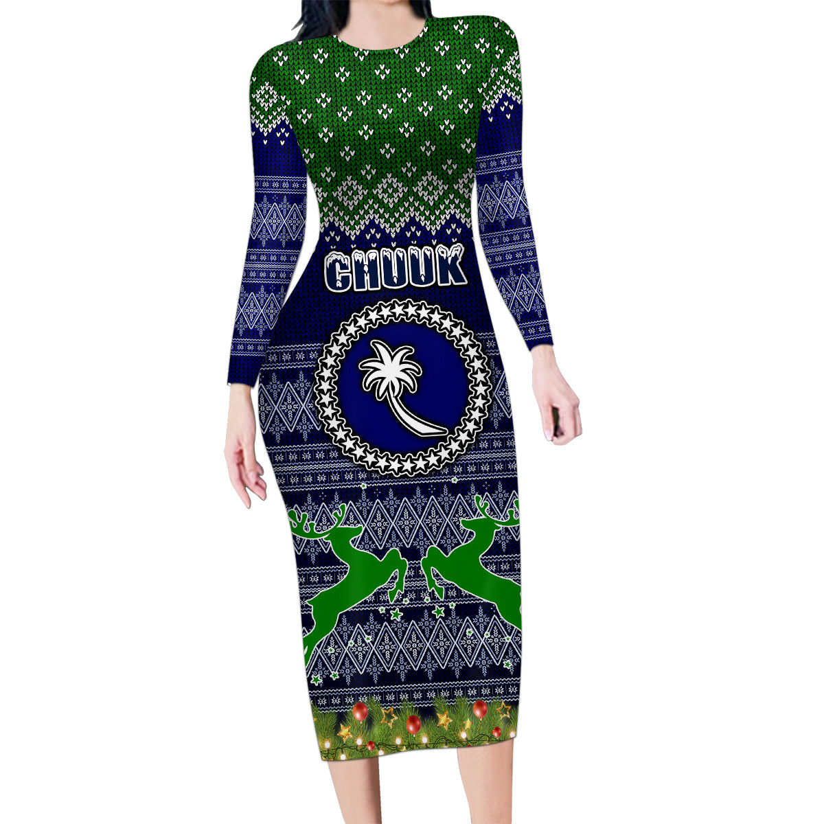 Personalised Chuuk State Christmas Family Matching Long Sleeve Bodycon Dress and Hawaiian Shirt Coat of Arms Beautiful Merry Xmas Snowflake LT03 Mom's Dress Blue - Polynesian Pride