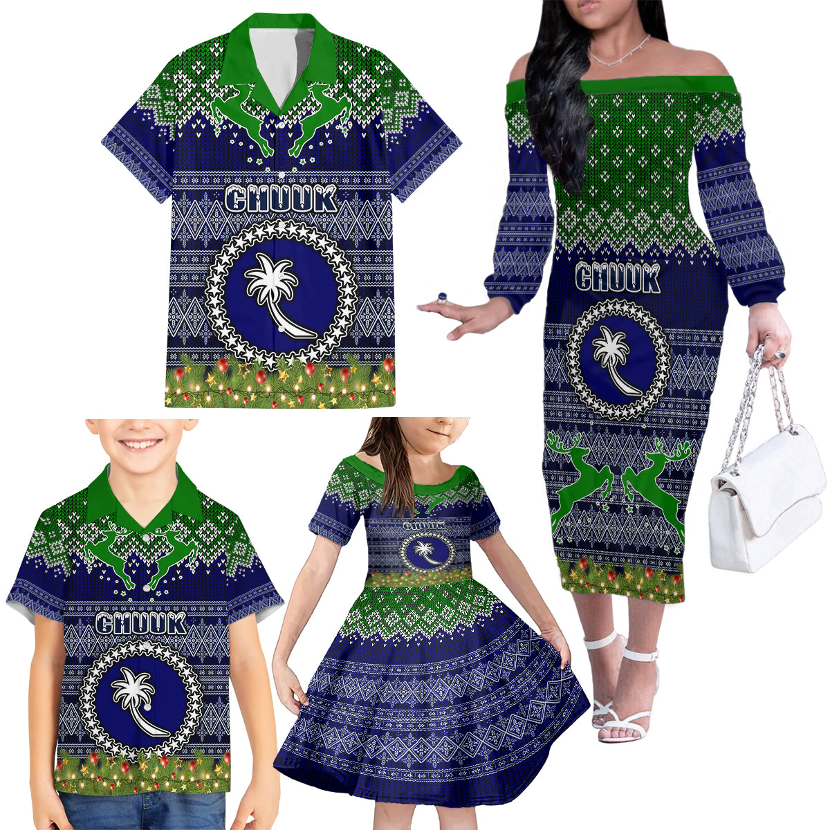 Personalised Chuuk State Christmas Family Matching Off Shoulder Long Sleeve Dress and Hawaiian Shirt Coat of Arms Beautiful Merry Xmas Snowflake LT03 - Polynesian Pride