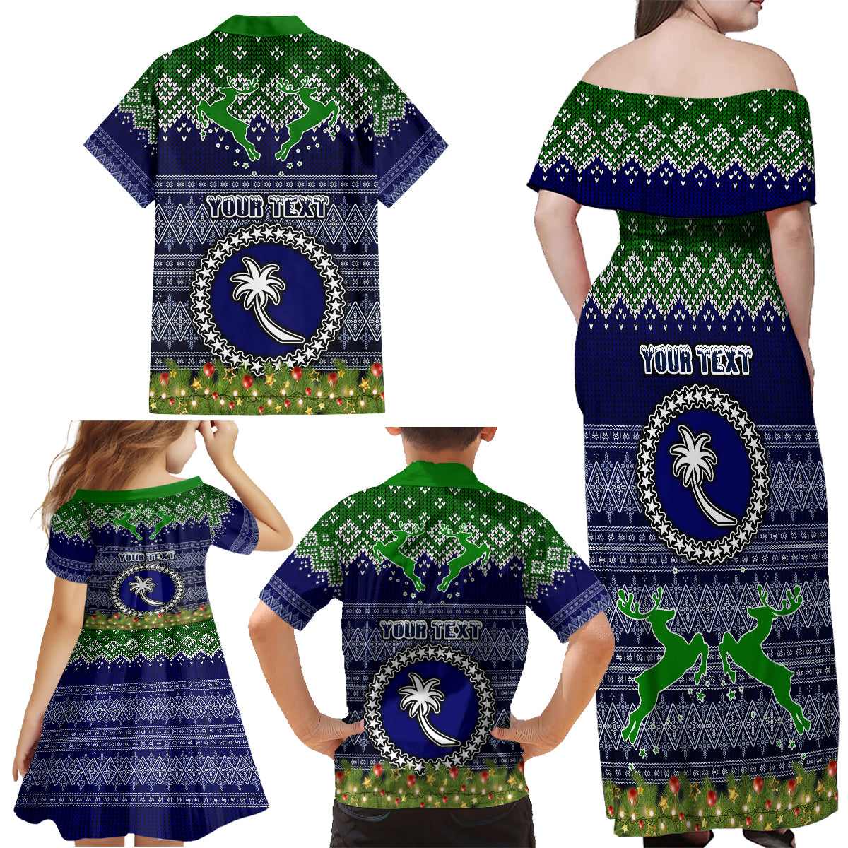 Personalised Chuuk State Christmas Family Matching Off Shoulder Long Sleeve Dress and Hawaiian Shirt Coat of Arms Beautiful Merry Xmas Snowflake LT03 - Polynesian Pride