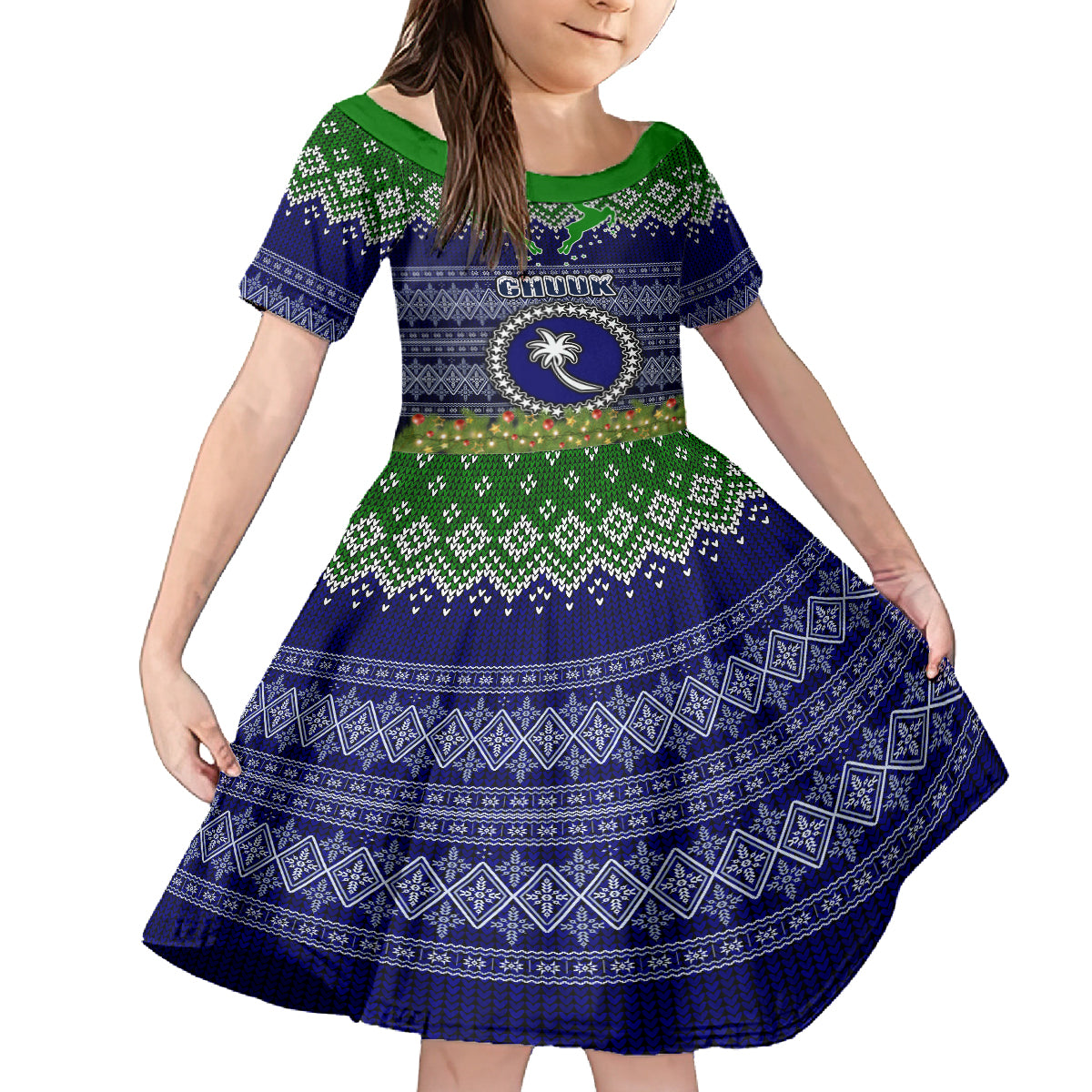 Personalised Chuuk State Christmas Family Matching Off Shoulder Maxi Dress and Hawaiian Shirt Coat of Arms Beautiful Merry Xmas Snowflake LT03 Daughter's Dress Blue - Polynesian Pride