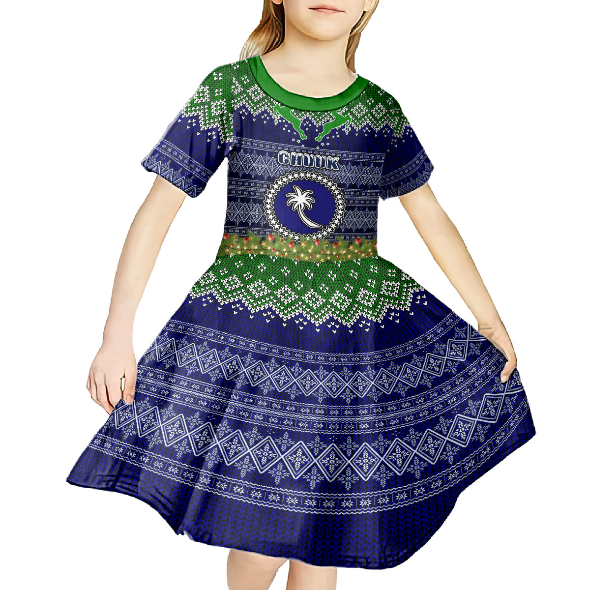 Personalised Chuuk State Christmas Kid Short Sleeve Dress Coat of Arms Beautiful Merry Xmas Snowflake LT03 - Polynesian Pride