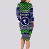 Personalised Chuuk State Christmas Long Sleeve Bodycon Dress Coat of Arms Beautiful Merry Xmas Snowflake LT03 - Polynesian Pride