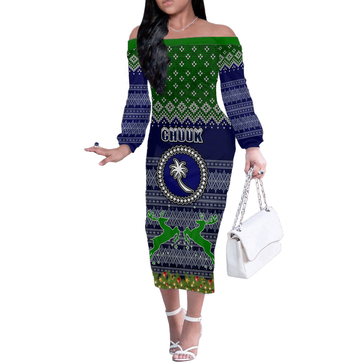 Personalised Chuuk State Christmas Off The Shoulder Long Sleeve Dress Coat of Arms Beautiful Merry Xmas Snowflake LT03 Women Blue - Polynesian Pride