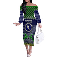 Personalised Chuuk State Christmas Off The Shoulder Long Sleeve Dress Coat of Arms Beautiful Merry Xmas Snowflake LT03 Women Blue - Polynesian Pride