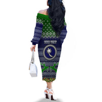 Personalised Chuuk State Christmas Off The Shoulder Long Sleeve Dress Coat of Arms Beautiful Merry Xmas Snowflake LT03 - Polynesian Pride