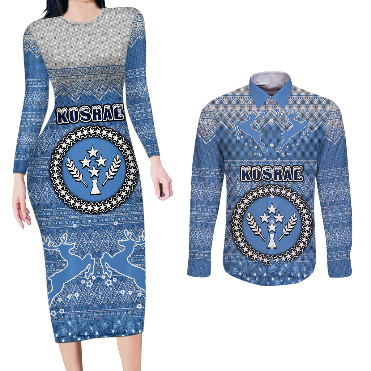 Kosrae Christmas Couples Matching Long Sleeve Bodycon Dress and Long Sleeve Button Shirts Coat of Arms Beautiful Merry Xmas Snowflake LT03 Blue - Polynesian Pride