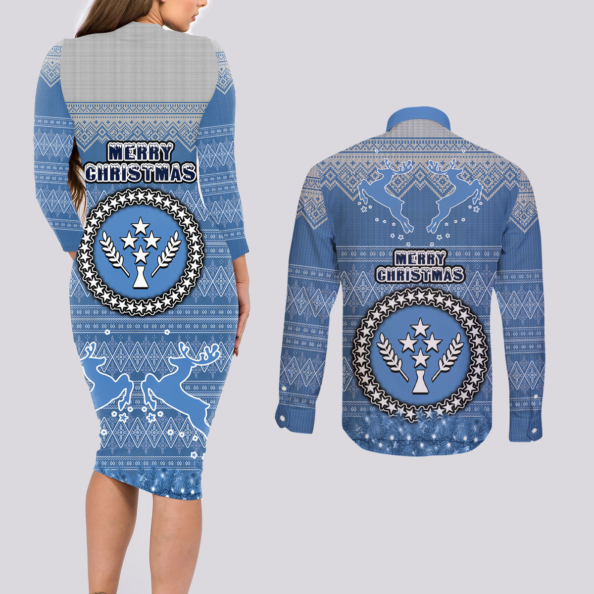Kosrae Christmas Couples Matching Long Sleeve Bodycon Dress and Long Sleeve Button Shirts Coat of Arms Beautiful Merry Xmas Snowflake LT03 - Polynesian Pride