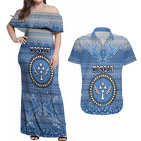 Kosrae Christmas Couples Matching Off Shoulder Maxi Dress and Hawaiian Shirt Coat of Arms Beautiful Merry Xmas Snowflake LT03 Blue - Polynesian Pride