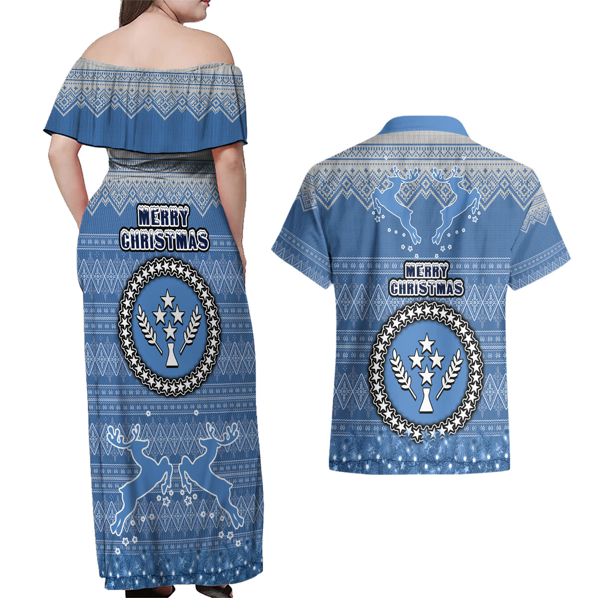 Kosrae Christmas Couples Matching Off Shoulder Maxi Dress and Hawaiian Shirt Coat of Arms Beautiful Merry Xmas Snowflake LT03 - Polynesian Pride
