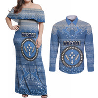 Kosrae Christmas Couples Matching Off Shoulder Maxi Dress and Long Sleeve Button Shirts Coat of Arms Beautiful Merry Xmas Snowflake LT03 Blue - Polynesian Pride