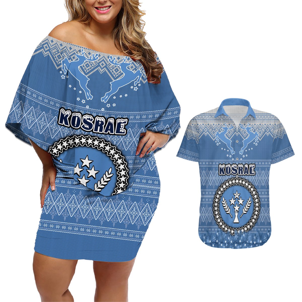 Kosrae Christmas Couples Matching Off Shoulder Short Dress and Hawaiian Shirt Coat of Arms Beautiful Merry Xmas Snowflake LT03 Blue - Polynesian Pride