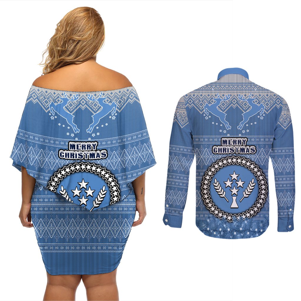 Kosrae Christmas Couples Matching Off Shoulder Short Dress and Long Sleeve Button Shirts Coat of Arms Beautiful Merry Xmas Snowflake LT03 - Polynesian Pride