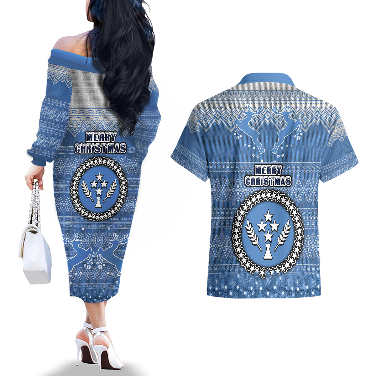Kosrae Christmas Couples Matching Off The Shoulder Long Sleeve Dress and Hawaiian Shirt Coat of Arms Beautiful Merry Xmas Snowflake LT03 - Polynesian Pride