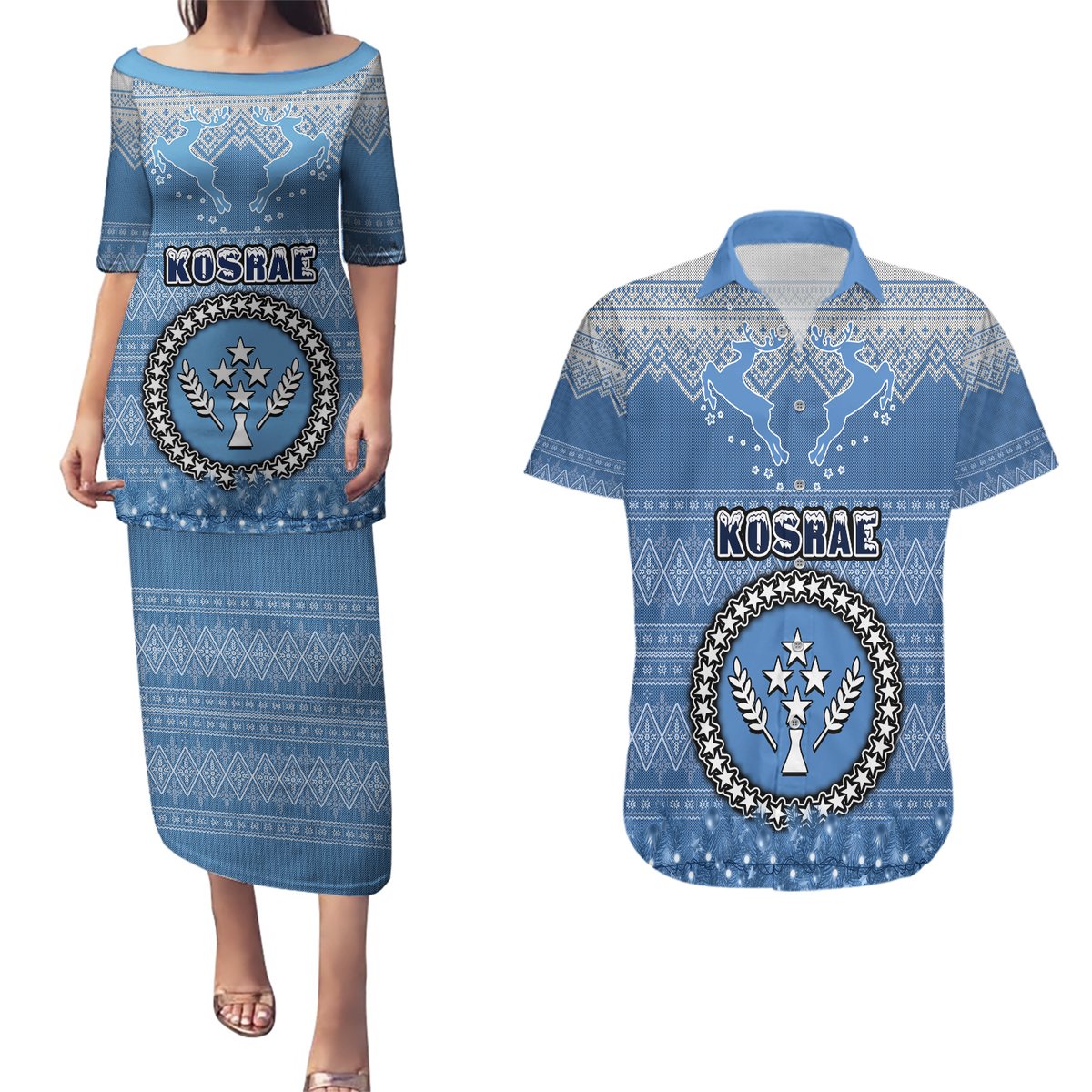 Kosrae Christmas Couples Matching Puletasi Dress and Hawaiian Shirt Coat of Arms Beautiful Merry Xmas Snowflake LT03 Blue - Polynesian Pride