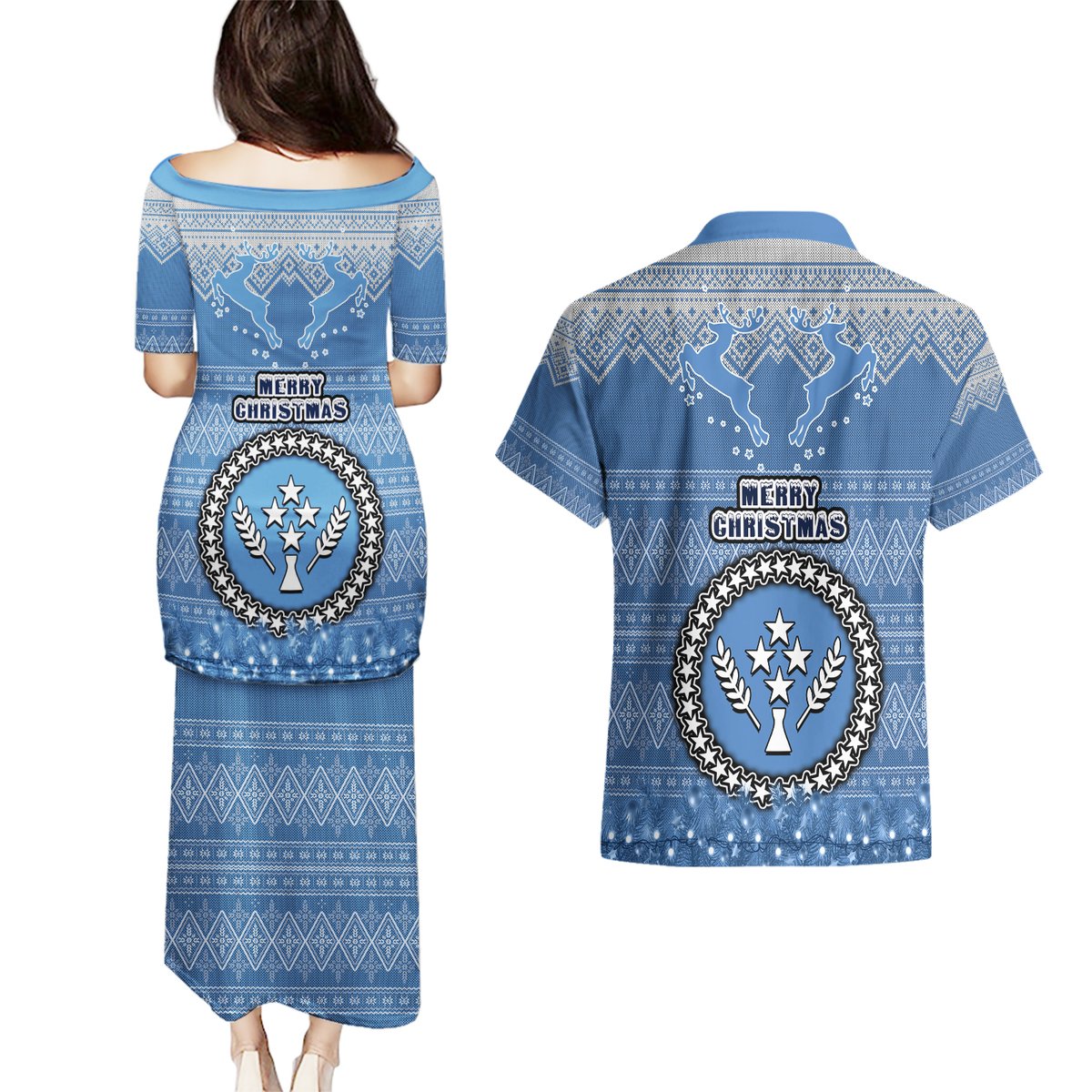 Kosrae Christmas Couples Matching Puletasi Dress and Hawaiian Shirt Coat of Arms Beautiful Merry Xmas Snowflake LT03 - Polynesian Pride