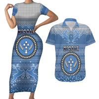 Kosrae Christmas Couples Matching Short Sleeve Bodycon Dress and Hawaiian Shirt Coat of Arms Beautiful Merry Xmas Snowflake LT03 Blue - Polynesian Pride