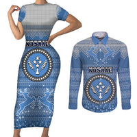 Kosrae Christmas Couples Matching Short Sleeve Bodycon Dress and Long Sleeve Button Shirts Coat of Arms Beautiful Merry Xmas Snowflake LT03 Blue - Polynesian Pride