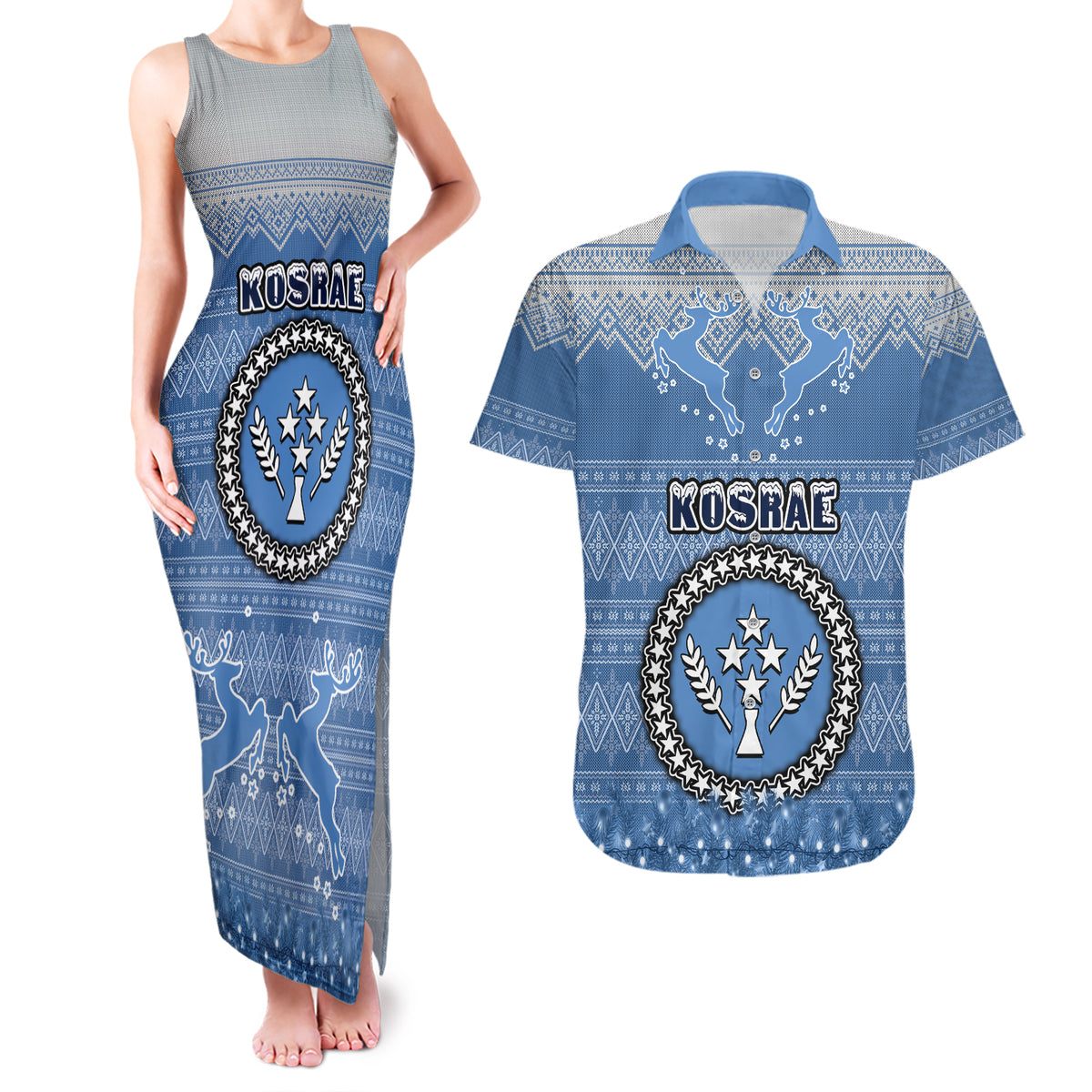 Kosrae Christmas Couples Matching Tank Maxi Dress and Hawaiian Shirt Coat of Arms Beautiful Merry Xmas Snowflake LT03 Blue - Polynesian Pride