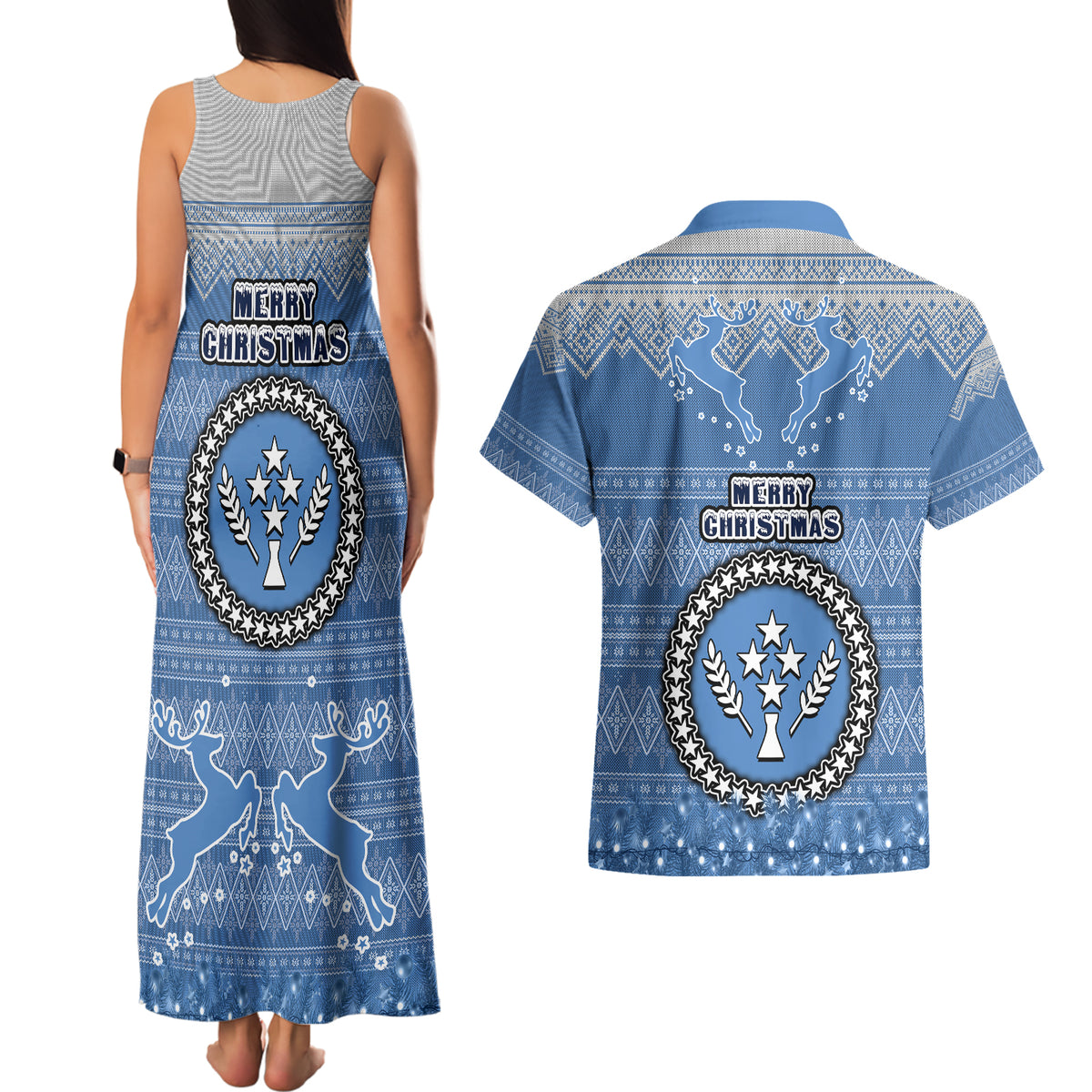 Kosrae Christmas Couples Matching Tank Maxi Dress and Hawaiian Shirt Coat of Arms Beautiful Merry Xmas Snowflake LT03 - Polynesian Pride
