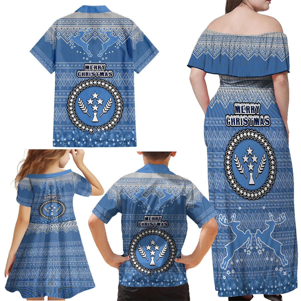 Kosrae Christmas Family Matching Off Shoulder Long Sleeve Dress and Hawaiian Shirt Coat of Arms Beautiful Merry Xmas Snowflake LT03 - Polynesian Pride