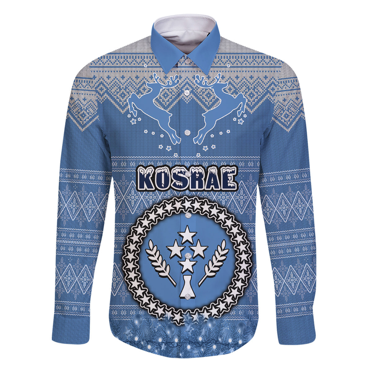 Kosrae Christmas Family Matching Off Shoulder Short Dress and Hawaiian Shirt Coat of Arms Beautiful Merry Xmas Snowflake LT03 Dad's Shirt - Long Sleeve Blue - Polynesian Pride