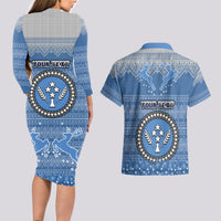 Personalised Kosrae Christmas Couples Matching Long Sleeve Bodycon Dress and Hawaiian Shirt Coat of Arms Beautiful Merry Xmas Snowflake LT03 - Polynesian Pride
