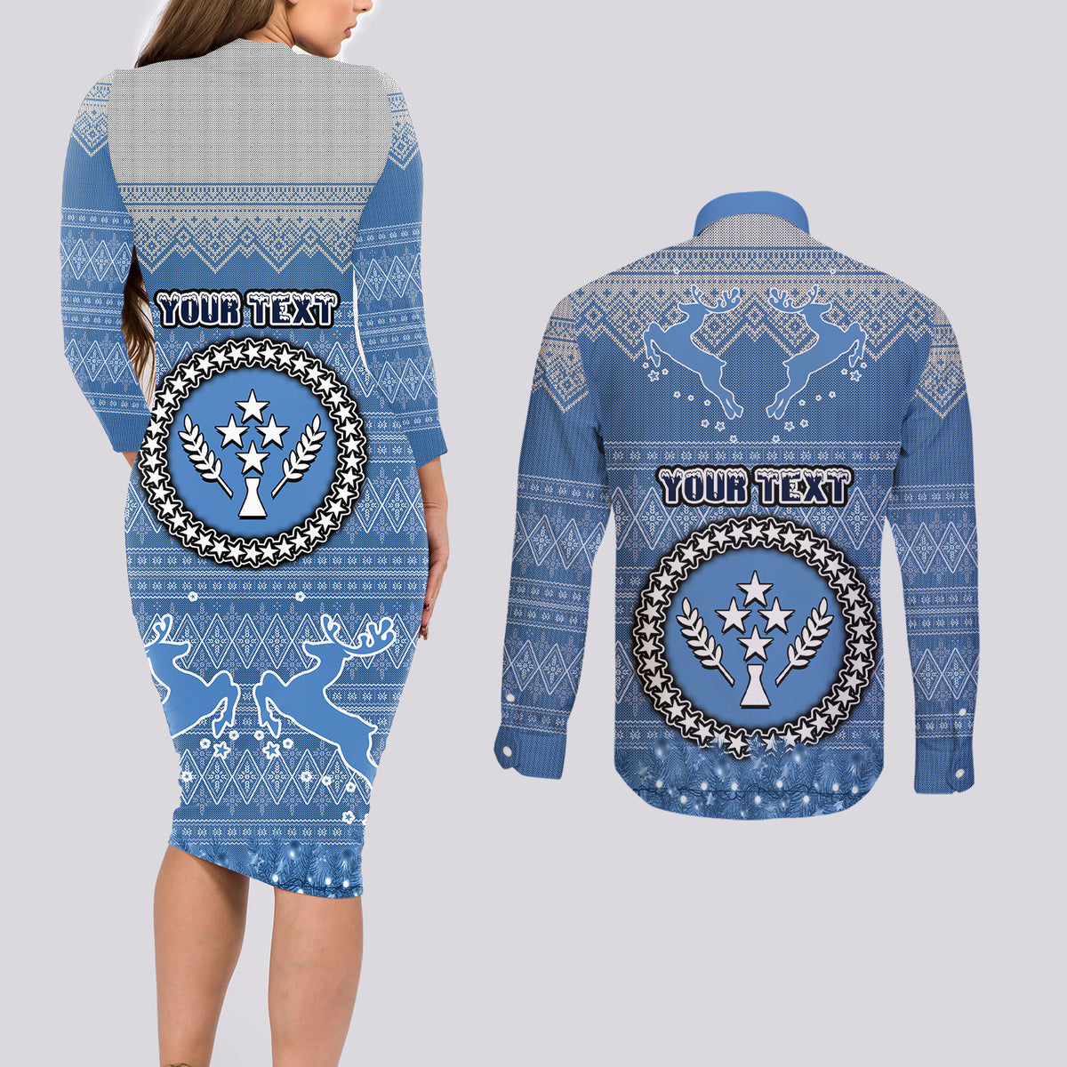 Personalised Kosrae Christmas Couples Matching Long Sleeve Bodycon Dress and Long Sleeve Button Shirts Coat of Arms Beautiful Merry Xmas Snowflake LT03 - Polynesian Pride