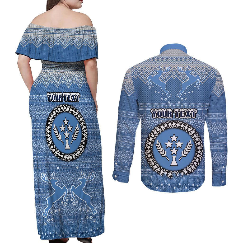 Personalised Kosrae Christmas Couples Matching Off Shoulder Maxi Dress and Long Sleeve Button Shirts Coat of Arms Beautiful Merry Xmas Snowflake LT03 - Polynesian Pride
