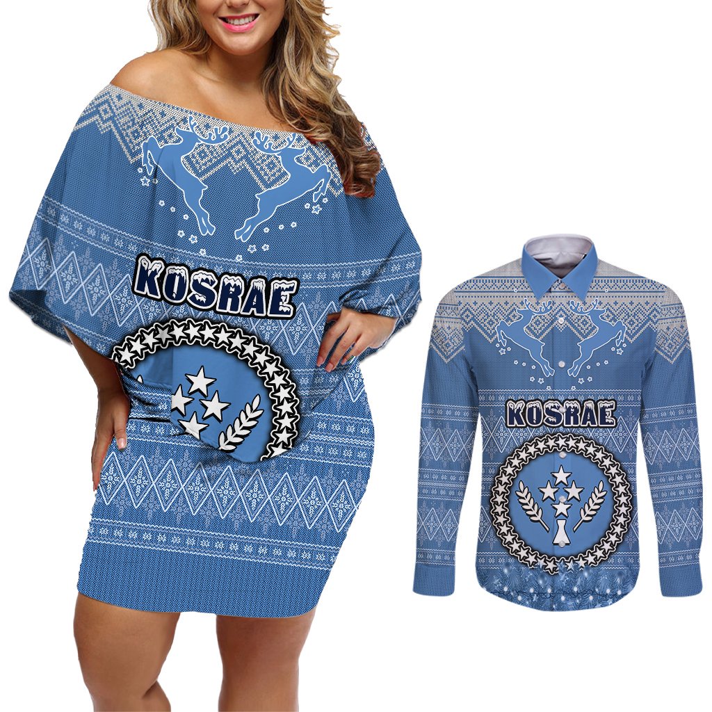 Personalised Kosrae Christmas Couples Matching Off Shoulder Short Dress and Long Sleeve Button Shirts Coat of Arms Beautiful Merry Xmas Snowflake LT03 Blue - Polynesian Pride