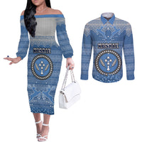 Personalised Kosrae Christmas Couples Matching Off The Shoulder Long Sleeve Dress and Long Sleeve Button Shirts Coat of Arms Beautiful Merry Xmas Snowflake LT03 Blue - Polynesian Pride