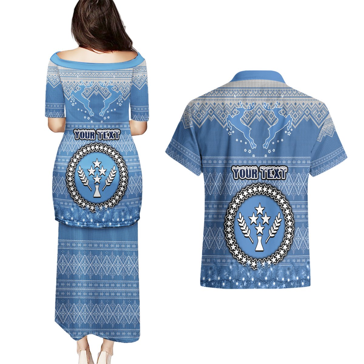 Personalised Kosrae Christmas Couples Matching Puletasi Dress and Hawaiian Shirt Coat of Arms Beautiful Merry Xmas Snowflake LT03 - Polynesian Pride