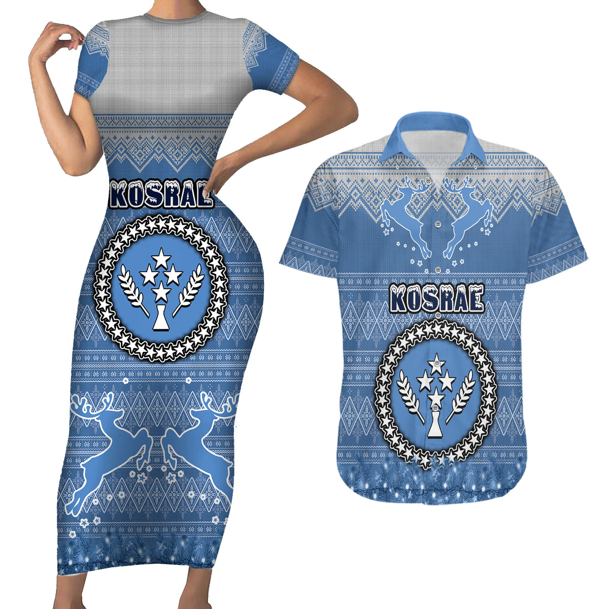 Personalised Kosrae Christmas Couples Matching Short Sleeve Bodycon Dress and Hawaiian Shirt Coat of Arms Beautiful Merry Xmas Snowflake LT03 Blue - Polynesian Pride
