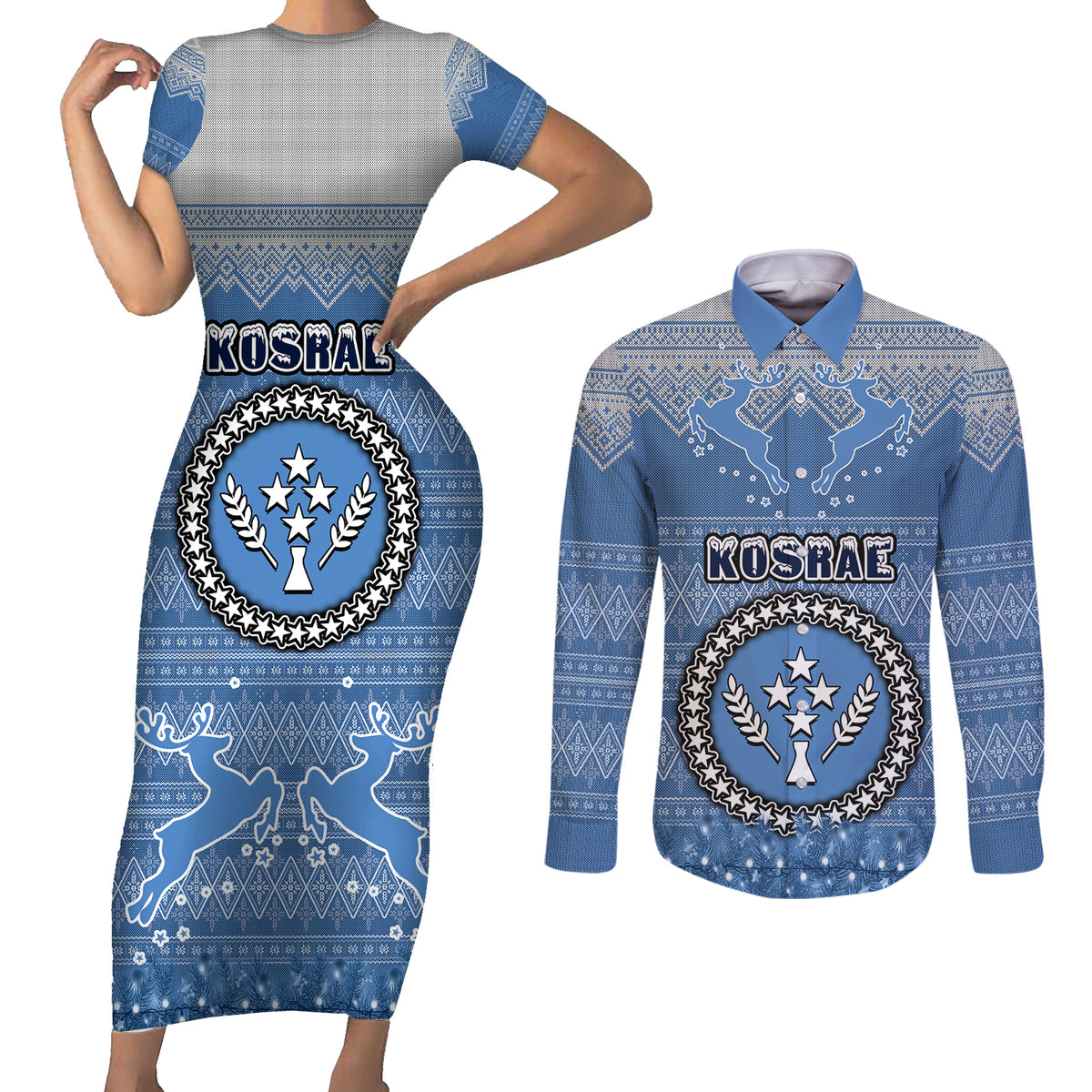 Personalised Kosrae Christmas Couples Matching Short Sleeve Bodycon Dress and Long Sleeve Button Shirts Coat of Arms Beautiful Merry Xmas Snowflake LT03 Blue - Polynesian Pride