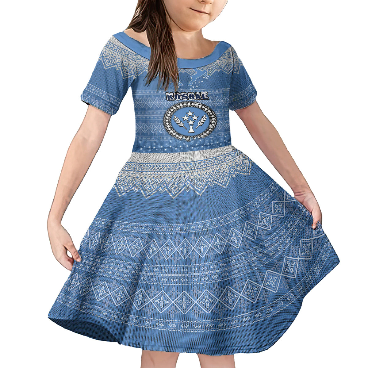 Personalised Kosrae Christmas Family Matching Off Shoulder Long Sleeve Dress and Hawaiian Shirt Coat of Arms Beautiful Merry Xmas Snowflake LT03 Daughter's Dress Blue - Polynesian Pride