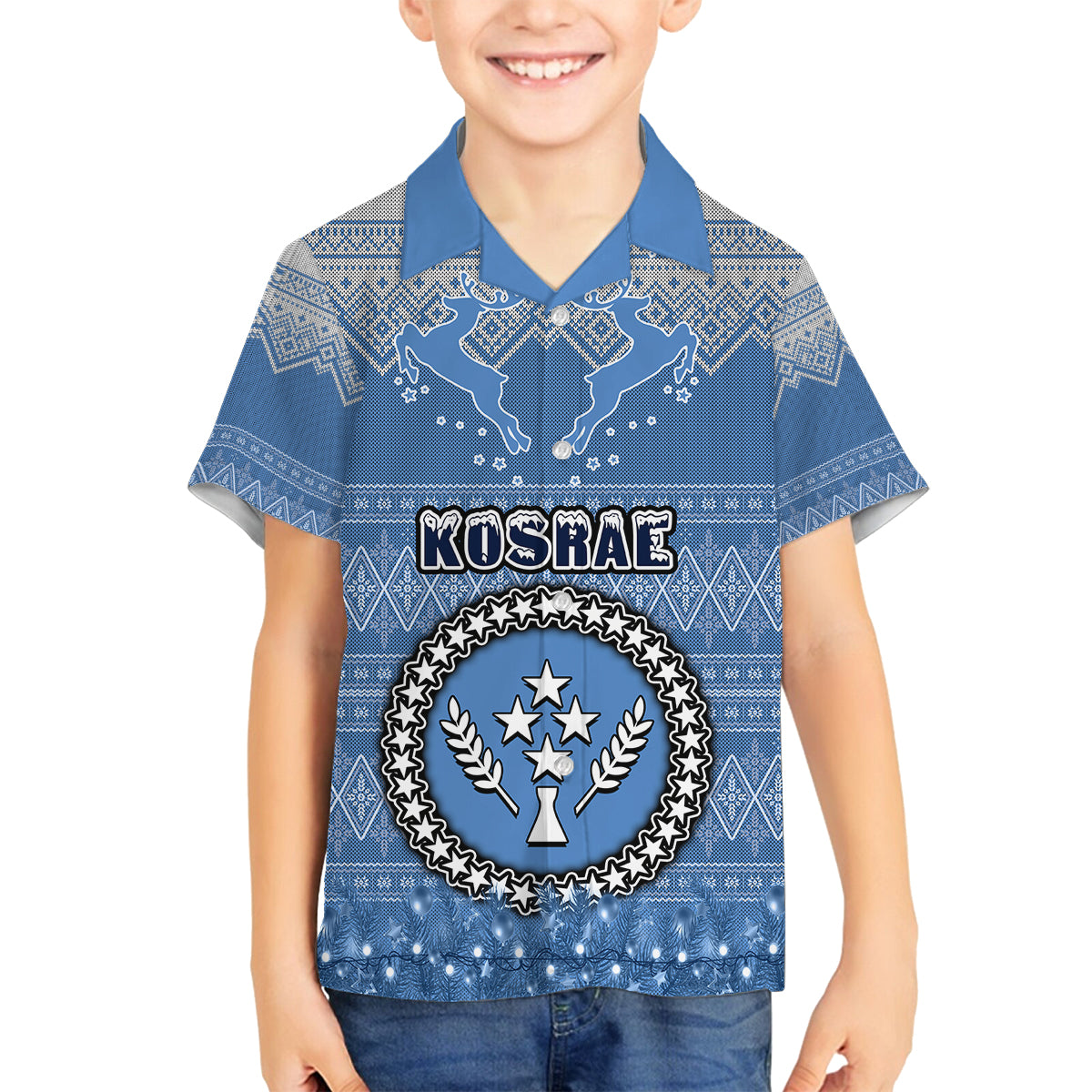 Personalised Kosrae Christmas Family Matching Off Shoulder Long Sleeve Dress and Hawaiian Shirt Coat of Arms Beautiful Merry Xmas Snowflake LT03 Son's Shirt Blue - Polynesian Pride