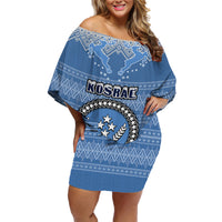 Personalised Kosrae Christmas Family Matching Off Shoulder Short Dress and Hawaiian Shirt Coat of Arms Beautiful Merry Xmas Snowflake LT03 Mom's Dress Blue - Polynesian Pride