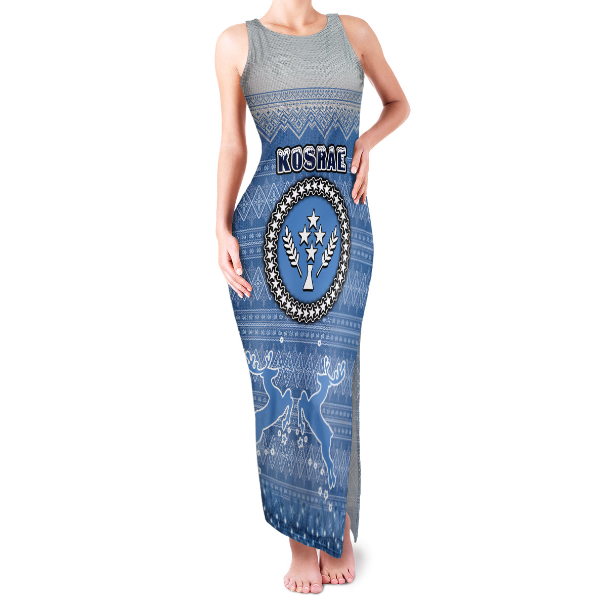 Personalised Kosrae Christmas Family Matching Tank Maxi Dress and Hawaiian Shirt Coat of Arms Beautiful Merry Xmas Snowflake LT03 Mom's Dress Blue - Polynesian Pride