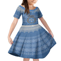 Personalised Kosrae Christmas Kid Short Sleeve Dress Coat of Arms Beautiful Merry Xmas Snowflake LT03 KID Blue - Polynesian Pride