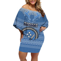 Personalised Kosrae Christmas Off Shoulder Short Dress Coat of Arms Beautiful Merry Xmas Snowflake LT03 Women Blue - Polynesian Pride