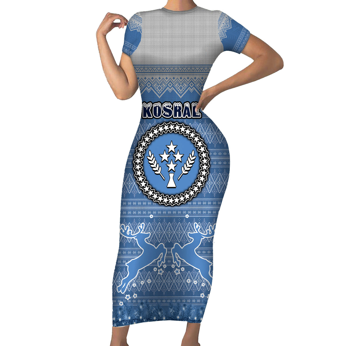 Personalised Kosrae Christmas Short Sleeve Bodycon Dress Coat of Arms Beautiful Merry Xmas Snowflake LT03 Long Dress Blue - Polynesian Pride