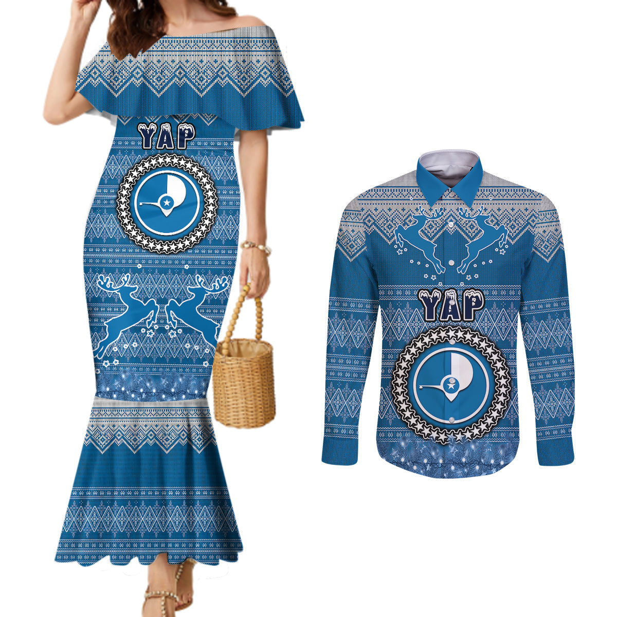 yap-christmas-couples-matching-mermaid-dress-and-long-sleeve-button-shirts-coat-of-arms-beautiful-merry-xmas-snowflake