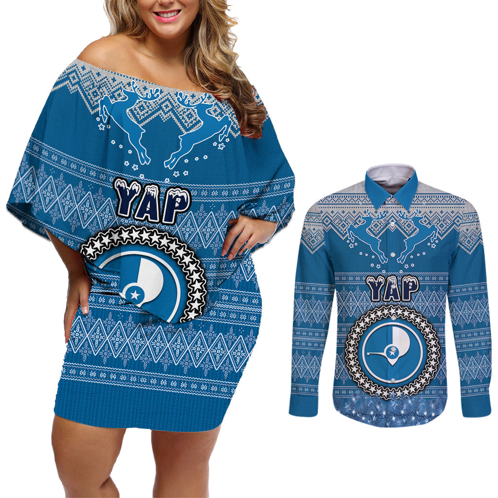 yap-christmas-couples-matching-off-shoulder-short-dress-and-long-sleeve-button-shirts-coat-of-arms-beautiful-merry-xmas-snowflake