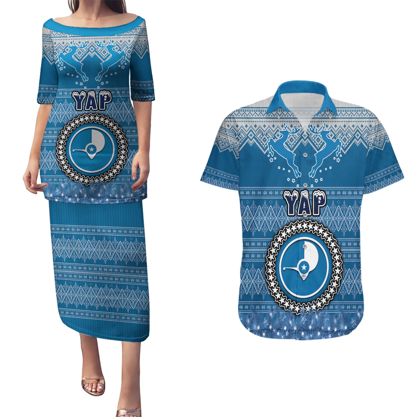 yap-christmas-couples-matching-puletasi-dress-and-hawaiian-shirt-coat-of-arms-beautiful-merry-xmas-snowflake