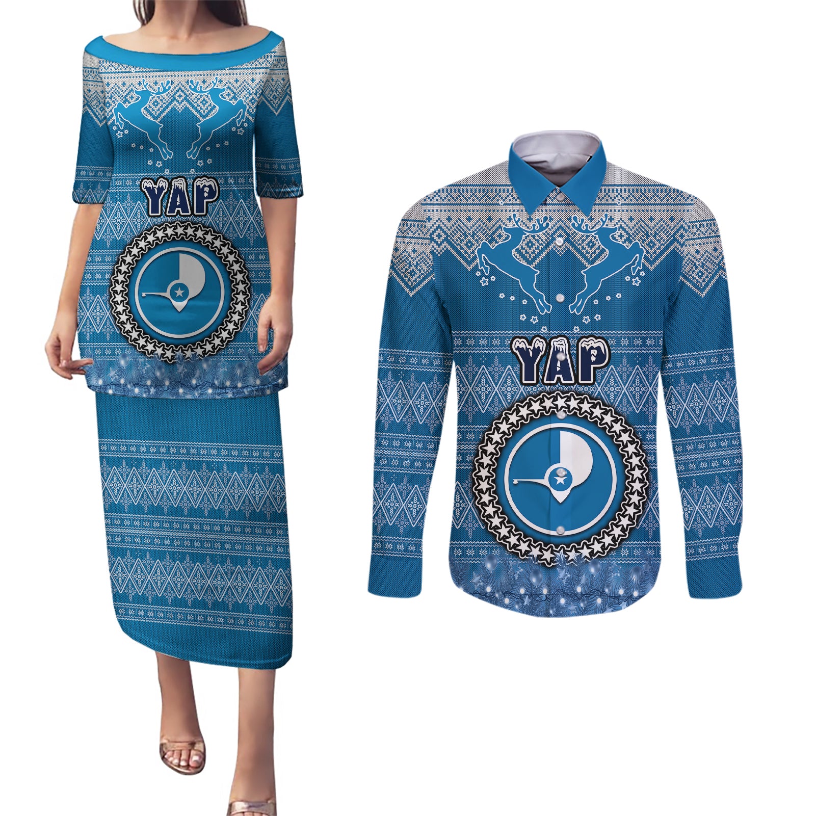 yap-christmas-couples-matching-puletasi-dress-and-long-sleeve-button-shirts-coat-of-arms-beautiful-merry-xmas-snowflake