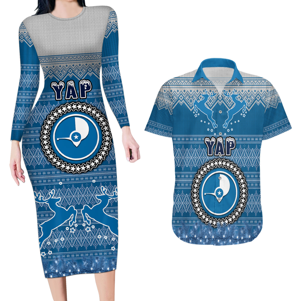 Personalised Yap Christmas Couples Matching Long Sleeve Bodycon Dress and Hawaiian Shirt Coat of Arms Beautiful Merry Xmas Snowflake LT03 Blue - Polynesian Pride