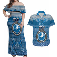 Personalised Yap Christmas Couples Matching Off Shoulder Maxi Dress and Hawaiian Shirt Coat of Arms Beautiful Merry Xmas Snowflake LT03 Blue - Polynesian Pride